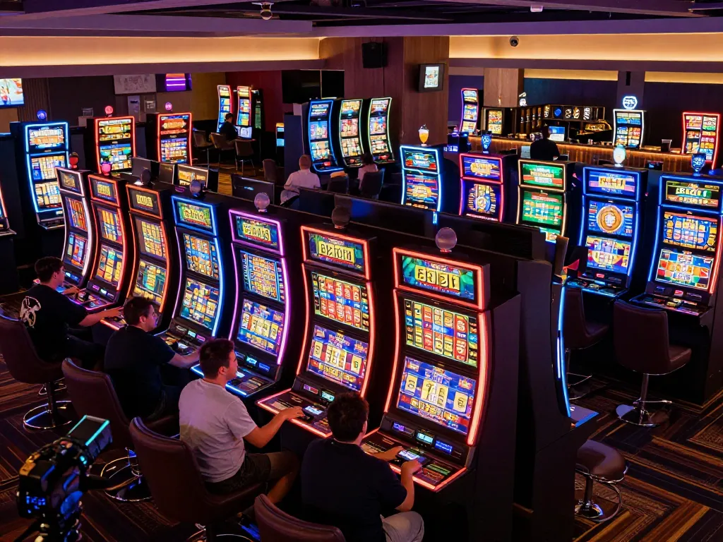 va88 players enjoying colorful slot machines with exciting jackpots on a vibrant casino floor