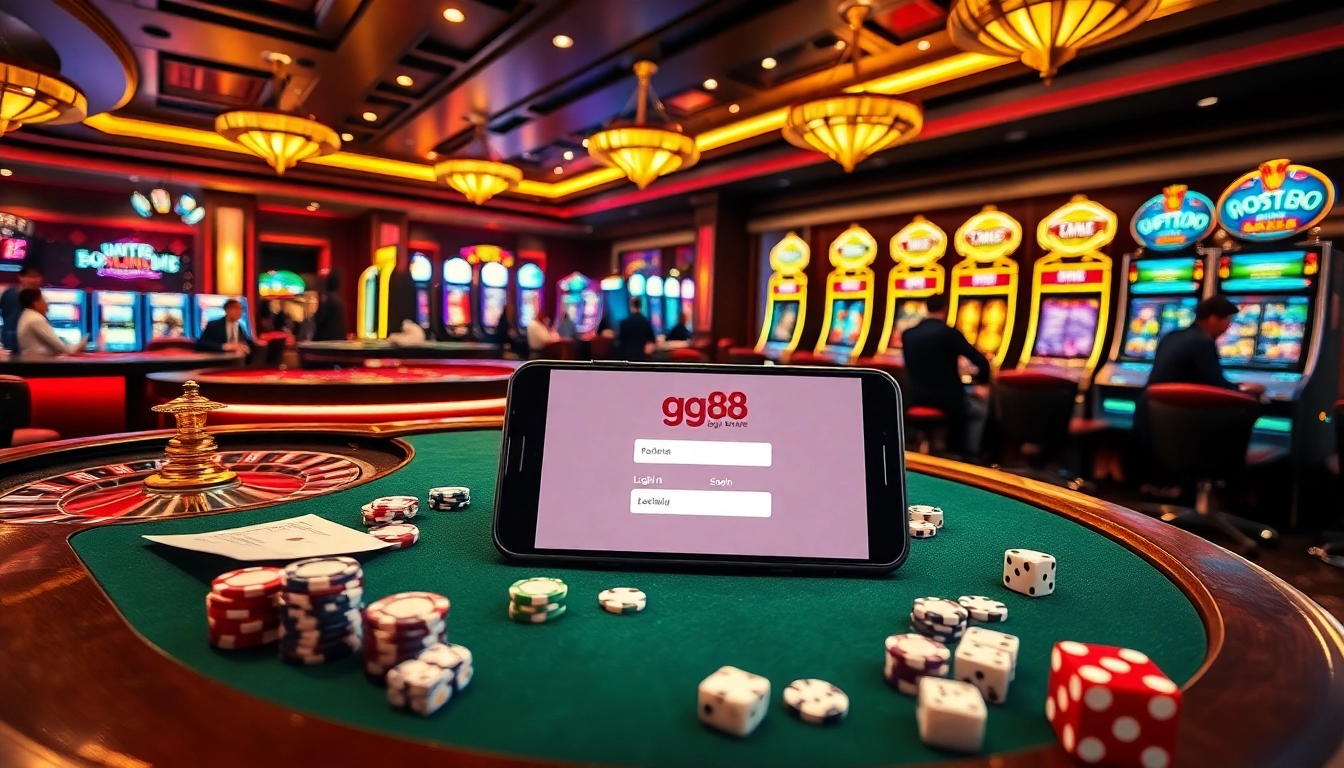 Experience thrill with gg88 login mobile showcasing an exciting casino table full of chips and cards.