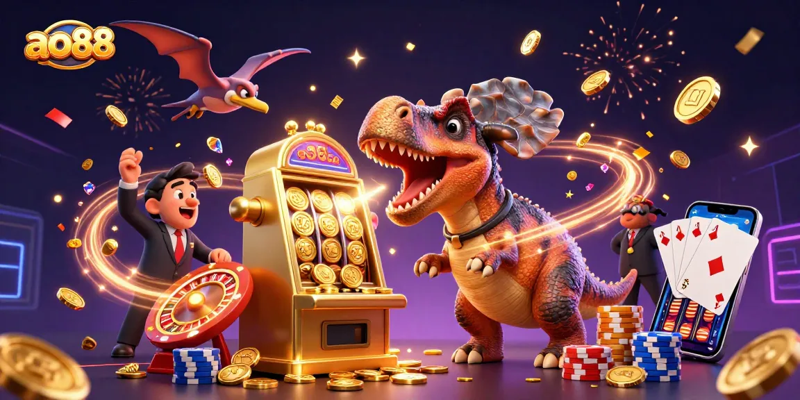 ao88 showcases a 3D dinosaur-themed slot jackpot scene filled with excitement and winnings