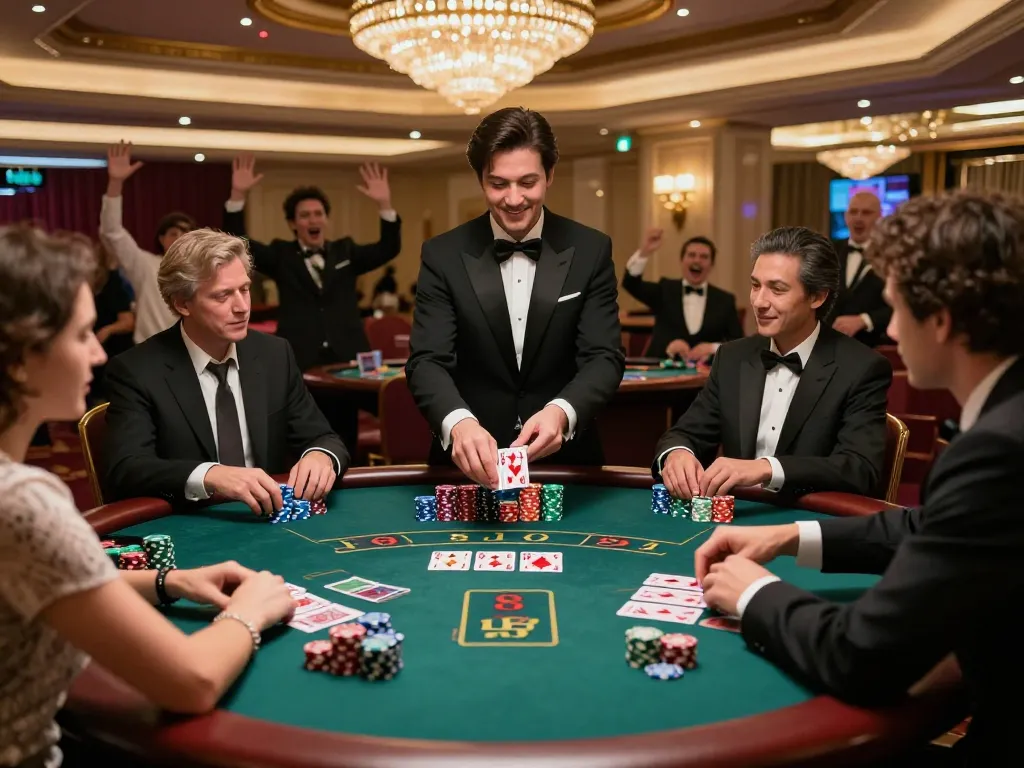 Intenso jogo de blackjack na 887bet com jogadores envolvidos e ação do dealer em uma atmosfera de cassino luxuoso.