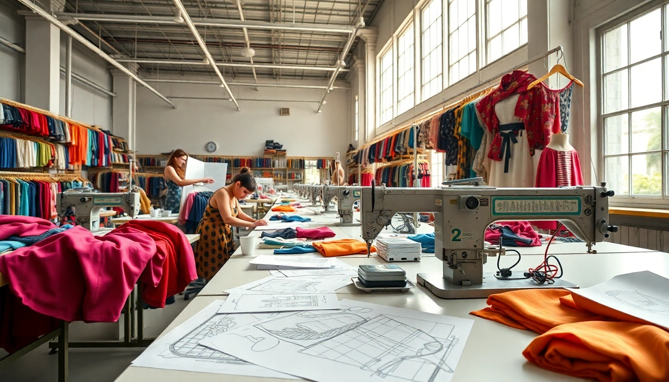 High Quality Clothing Manufacturer showcasing artisans creating unique garments in a vibrant design studio.