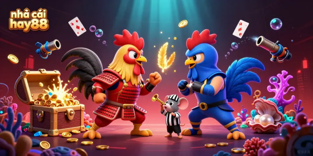 Experience intense action in nhà cái hay88 with fighting roosters in an epic showdown scene.