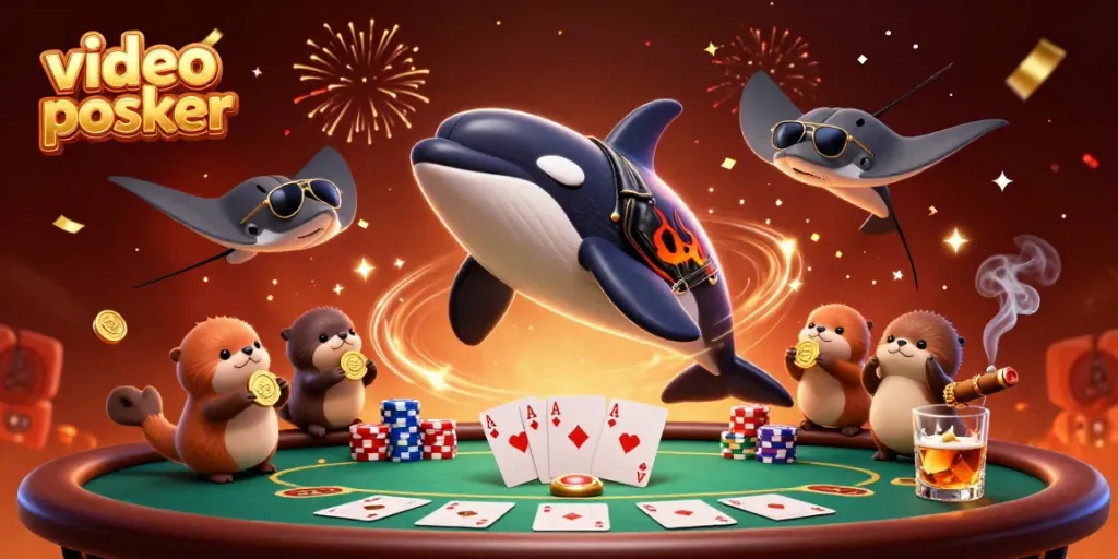 Engage in thrilling video poker action with colorful characters and casino elements.