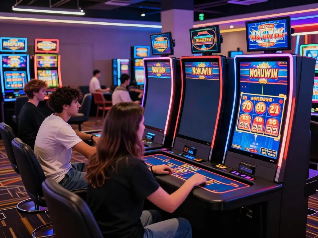 Nohuwin online gaming experience with players enjoying slots and table games in a colorful digital casino atmosphere.