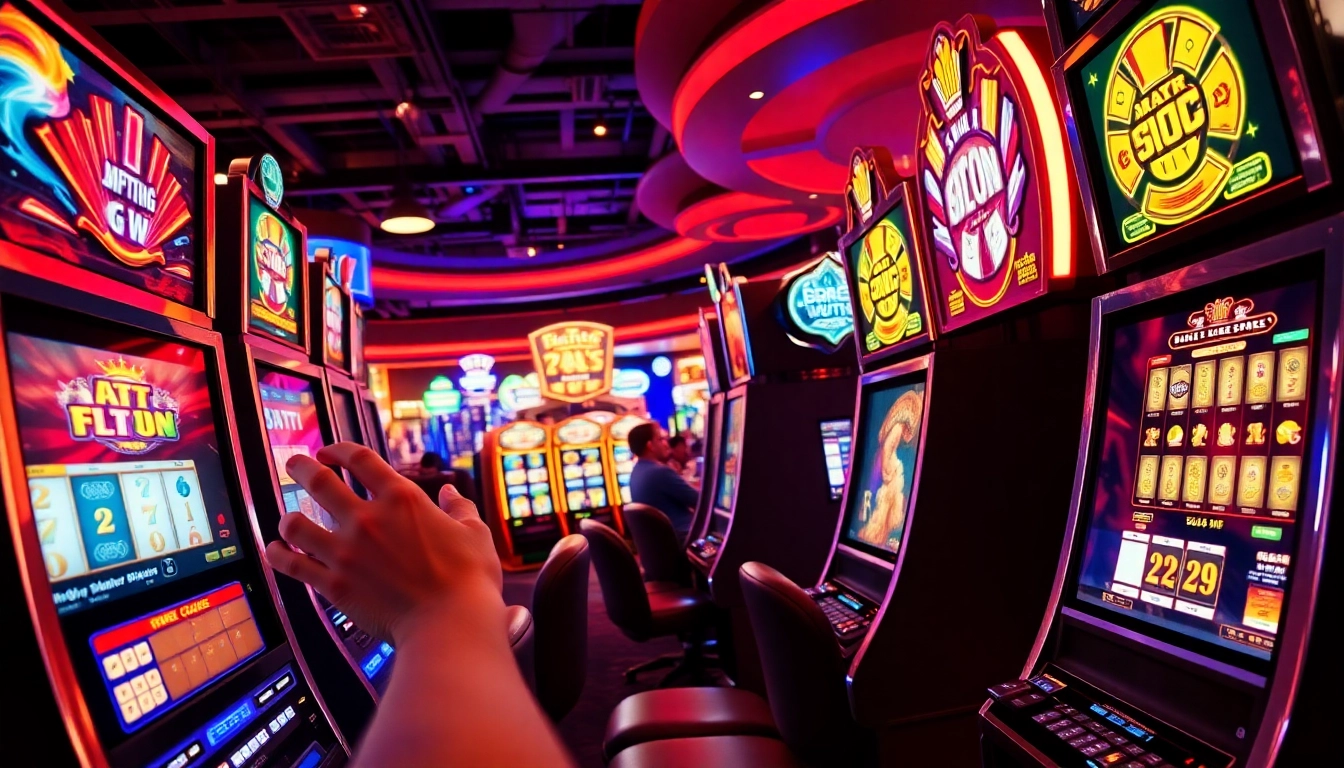 Pemain yang penuh semangat mencoba slot di kasino yang meriah dan cerah.