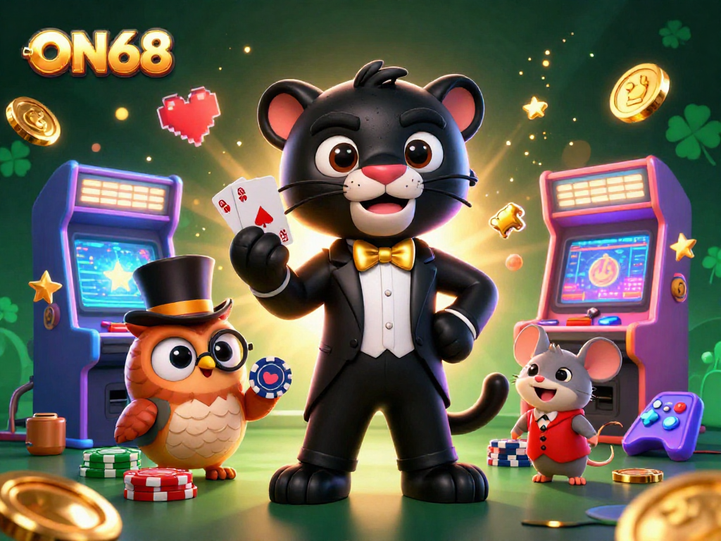 Join the action at ON68 with charismatic characters celebrating casino gameplay amidst vibrant elements.