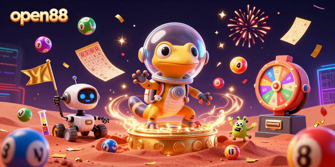 Experience the excitement of open88 with a Martian gecko discovering a golden casino amidst colorful gambling elements.