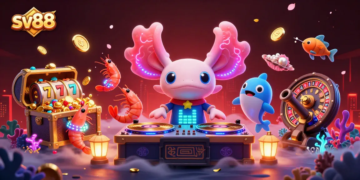 Experience thrilling sv88 gaming with a vibrant axolotl DJ and dynamic sea creatures in this captivating illustration.