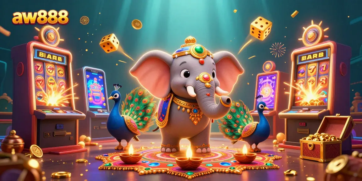 Win big with aw888 at this vibrant 3D illustrated casino scene showcasing festive motifs and gaming excitement.