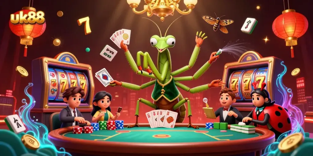 Experience the thrill of gambling at uk88, with a vibrant 3D scene of card games and casino excitement.