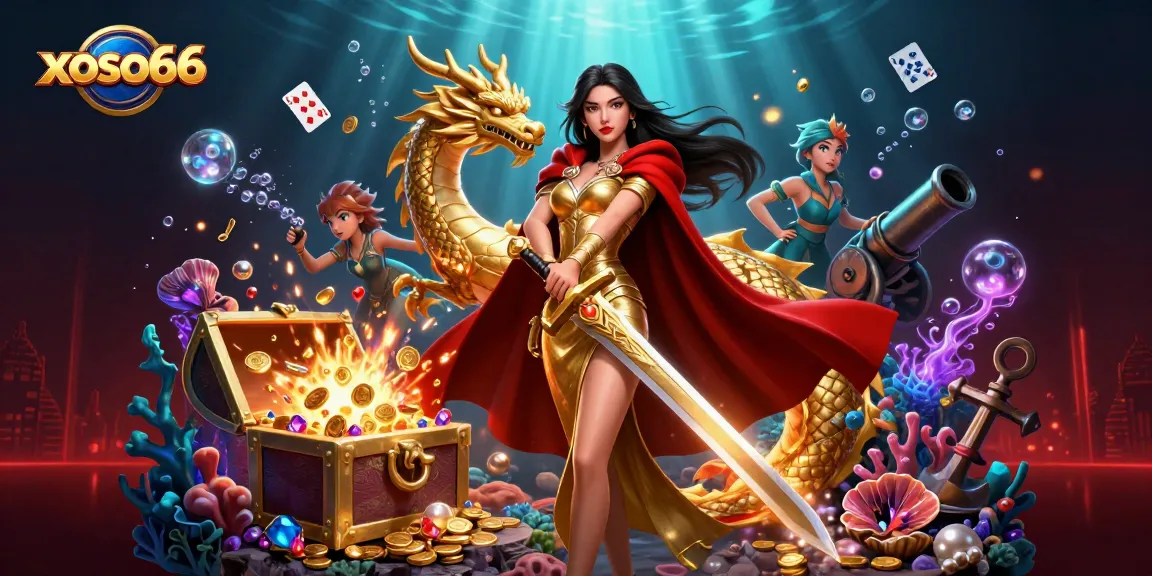 Experience the excitement of xoso66 casino with a dynamic scene featuring a warrior queen and gambling elements.