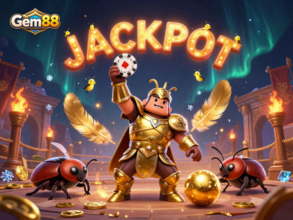 Gem88 features an epic victory scene with a gladiator beetle celebrating a jackpot.
