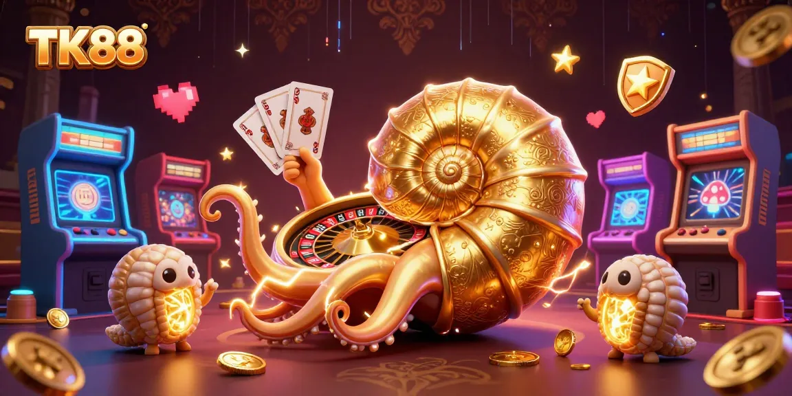 Experience the thrill of TK88 with a vibrant 3D illustration of an ancient nautilus roulette wheel surrounded by glowing casino elements.