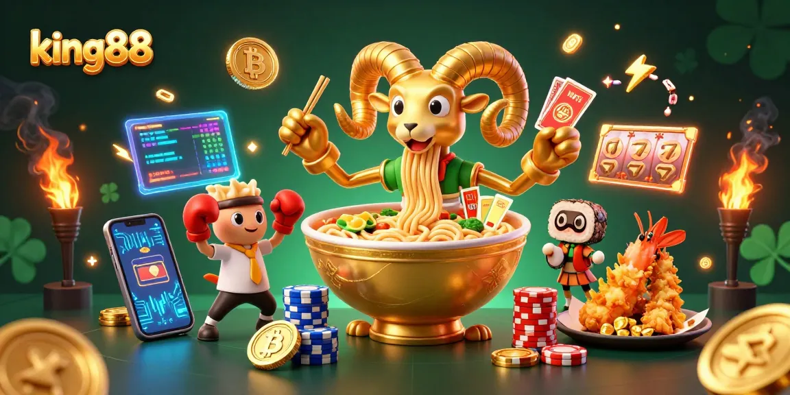 Engage with king88 at a vibrant casino scene packed with playful characters and glowing cryptocurrency.