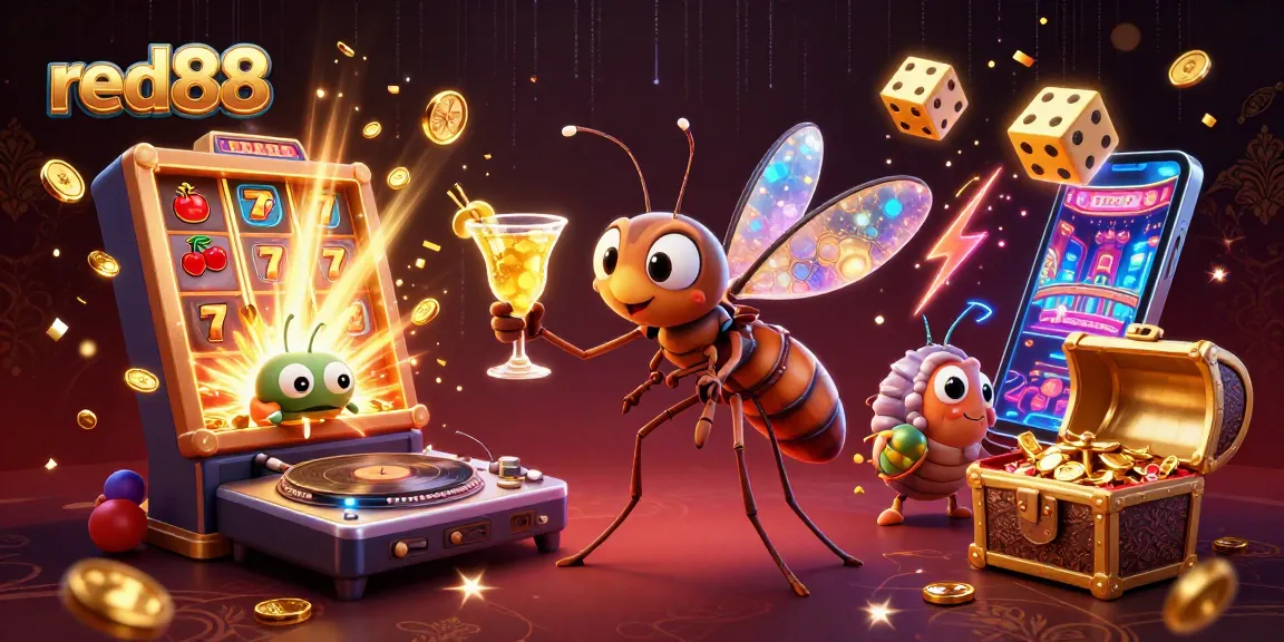 Experience the vibrant world of red88 with a dynamic casino scene bursting with energy and gaming elements.
