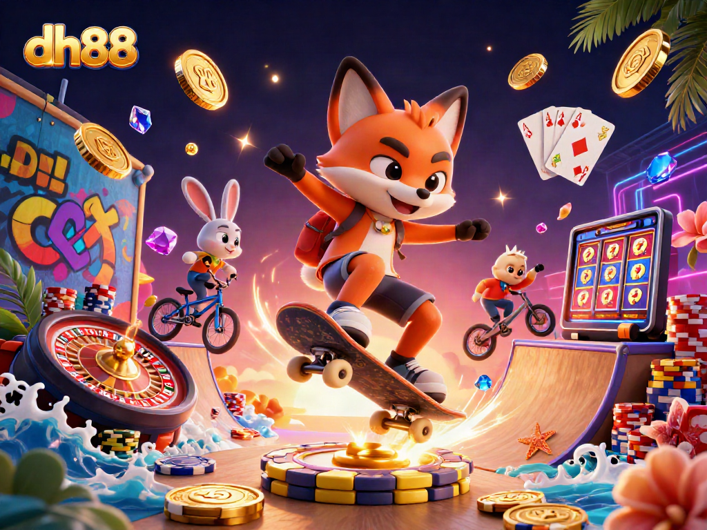 Win big with dh88 at the dynamic casino-themed skateboard scene featuring vibrant characters and gaming elements.