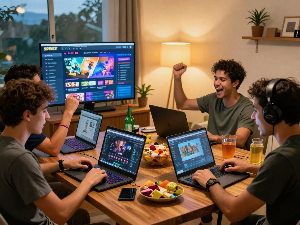 Aproveite a emoção do SPBET com amigos jogando, snacks e uma atmosfera vibrante.