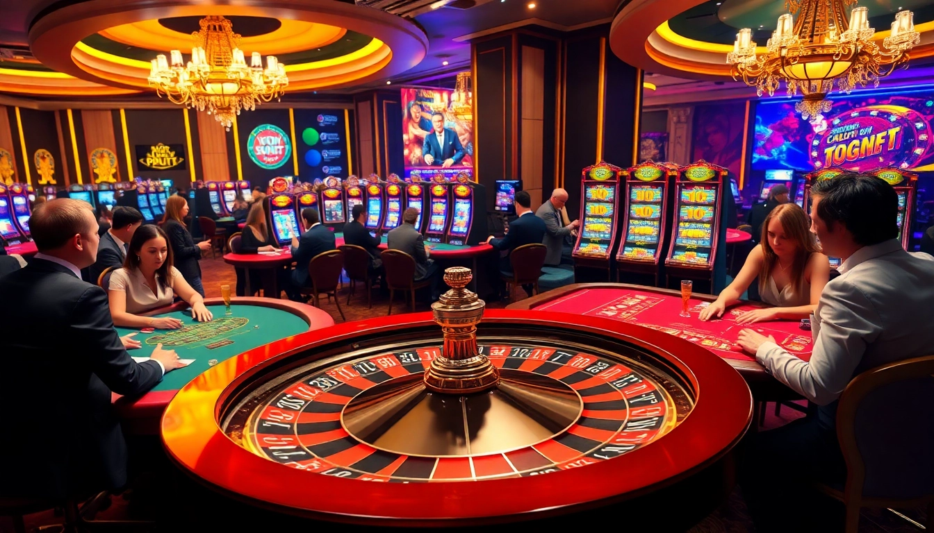 A thrilling gambling scene at i9bet com featuring poker tables, roulette wheel, and slot machines in a luxurious casino.