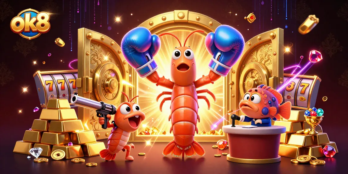ok8 online casino showcases an energized shrimp duo in a glamorous treasure scene, revealing thrilling slot action.