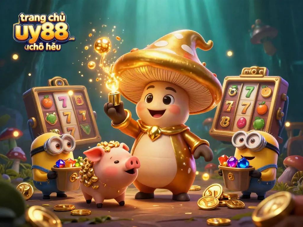 Engage with the excitement of gaming at trang chủ uy88.com chính thức with vibrant illustrations of a golden wizard and treasures.