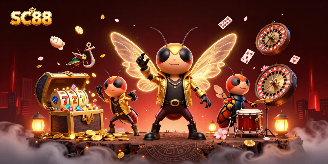 SC88 brings vibrant casino action to life with a cartoon cicada rock star, slot reels, and gold coins.