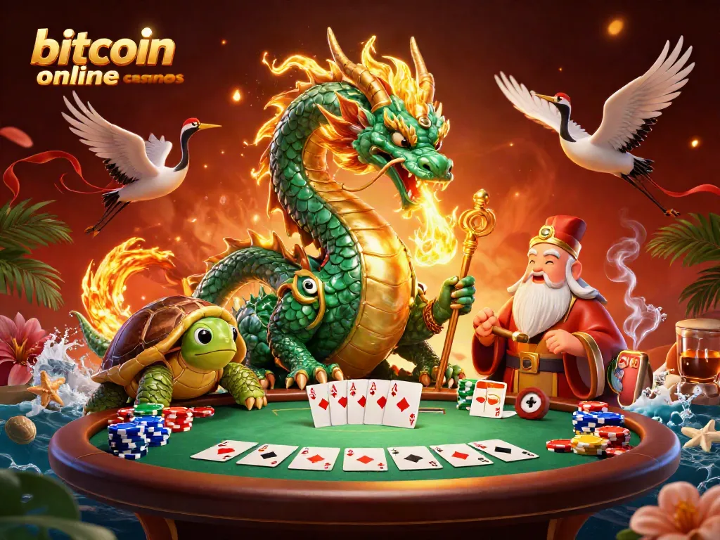 Experience thrilling action at bitcoin online casinos with a vibrant scene of a jade dragon and poker elements.