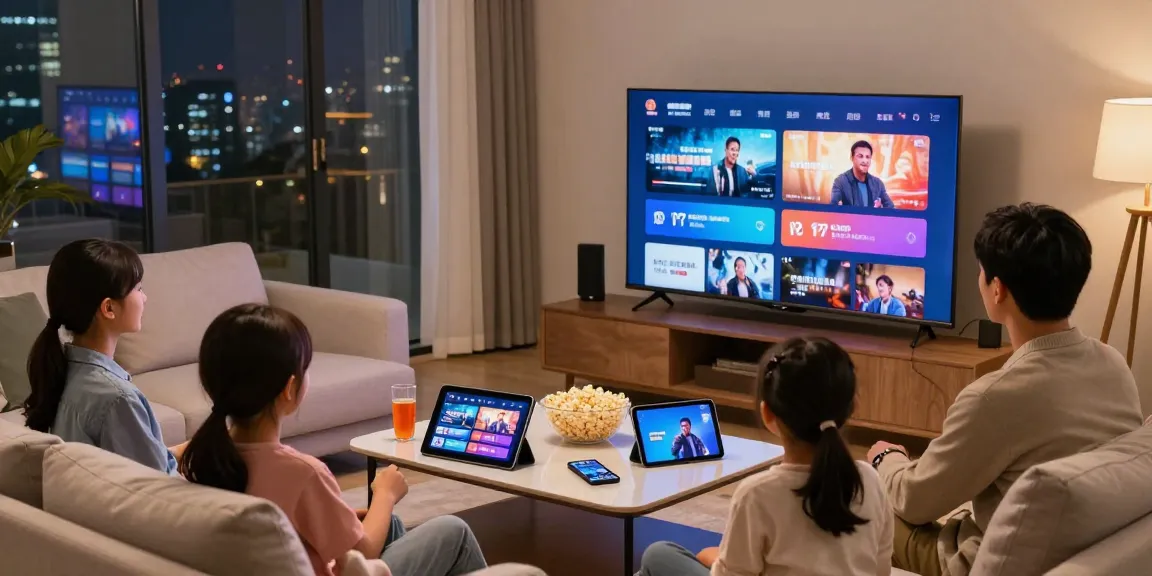 Aproveite a experiência IPTV com a família em uma sala aconchegante durante uma noite de filmes.