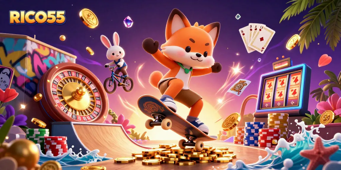 Experience thrilling gaming at RICO55 with animated casino characters and vibrant action elements.