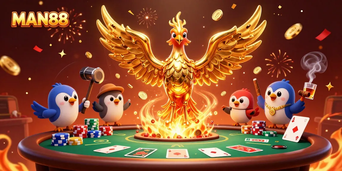 Engage with MAN88 as liquid gold flows from a molten phoenix amidst vibrant poker elements and festive energy.