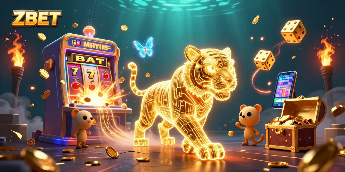 ZBET showcases thrilling online gaming with a golden tiger and jackpot excitement in a vibrant casino scene.