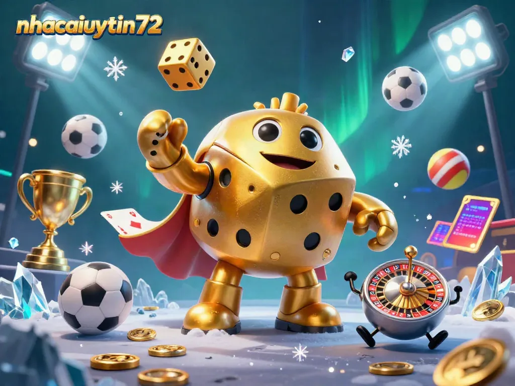Engage with exciting gameplay at nhacaiuytin72 with a dynamic casino scene featuring golden dice golem and sports elements.