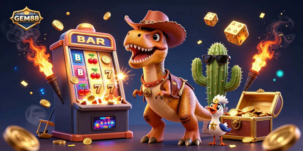 Experience the excitement at GEM88 with a vibrant casino scene featuring a T-Rex, cactus, and roadrunner amidst a jackpot explosion.