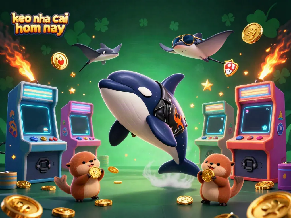 Engaging illustration of keo nha cai hom nay showcasing an orca whale, stingray, and sea otters floating with coins.