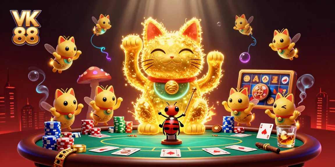Engage with the VK 88 golden lucky cat surrounded by a dynamic casino scene filled with poker elements and vibrant colors.