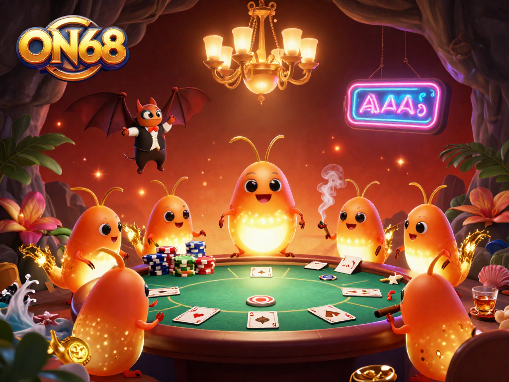 Experience exciting casino action at ON68 with glowing glowworms, bioluminescent elements, and vibrant poker setups.