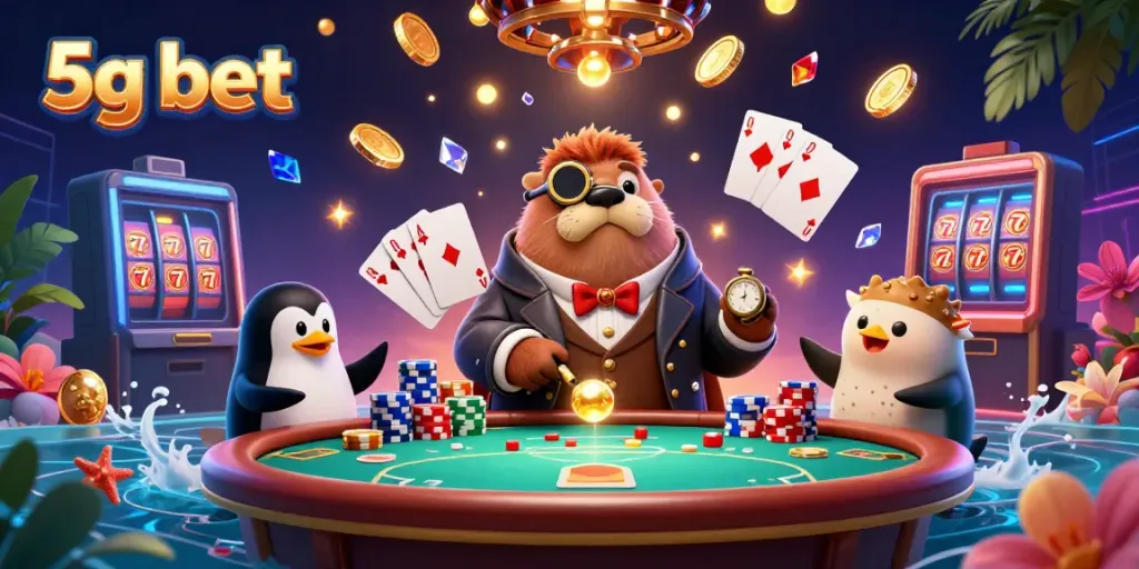 Experience the excitement of 5g bet with a whimsical poker scene featuring a walrus, penguin dealer, and pufferfish at an underwater table.