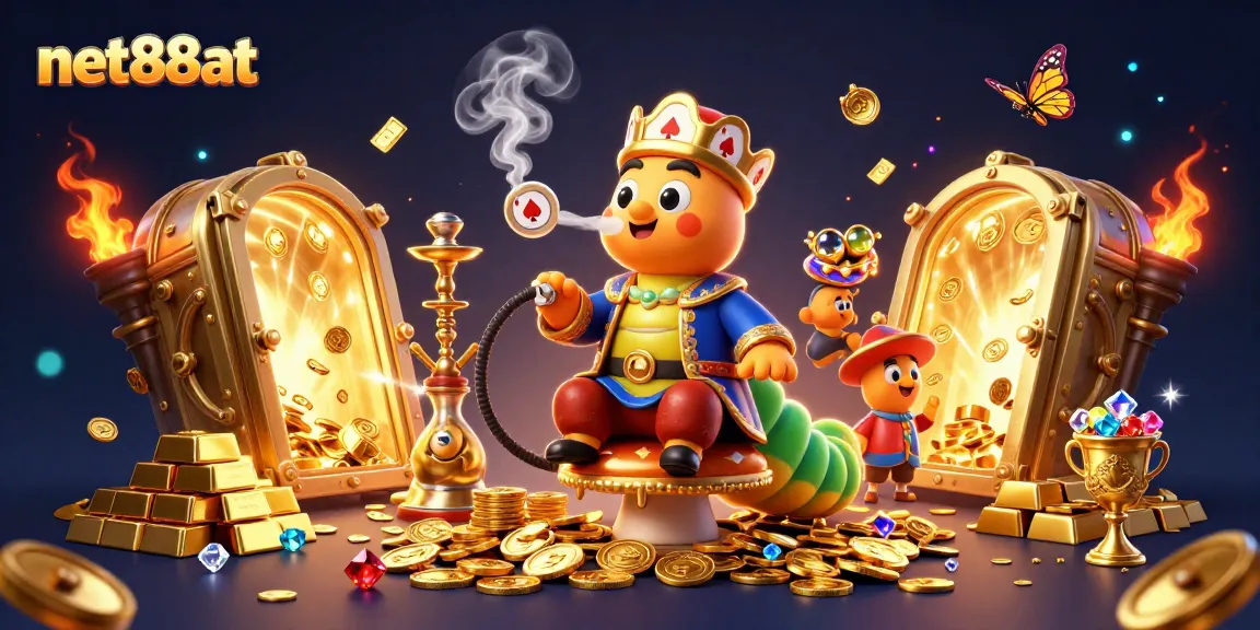 Join the fun at net88at with a vibrant scene of a caterpillar hookah-master amidst poker-themed treasures.