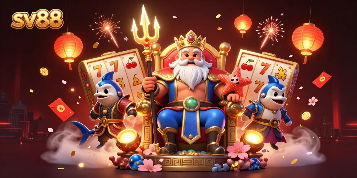 Experience the thrill of sv88 with a dazzling casino scene featuring Neptune and vibrant slot elements.