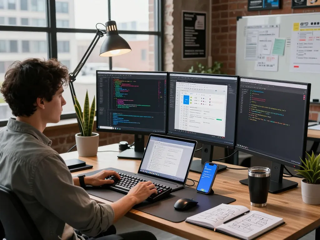 Developer at modern workspace designing hbet software with dual monitors, coding tools, and vibrant atmosphere.
