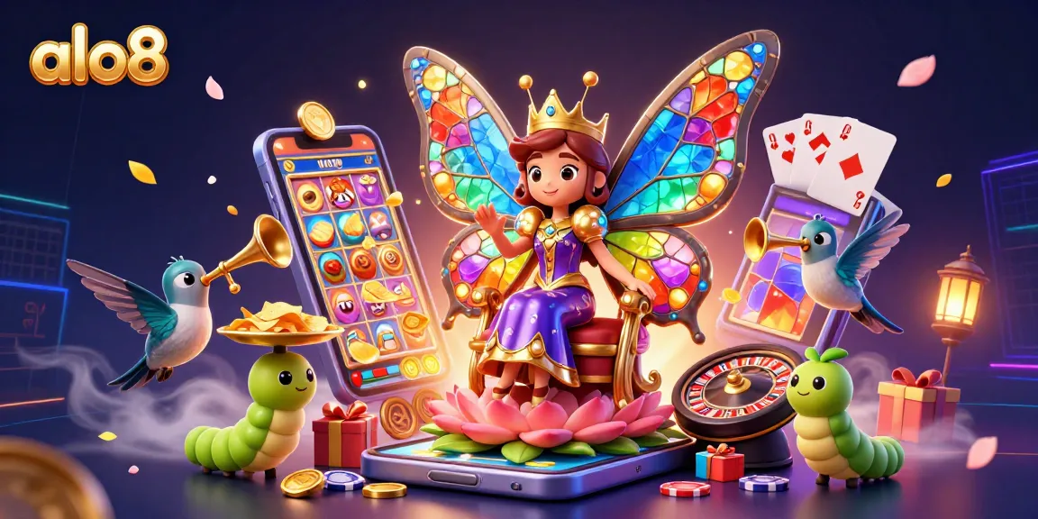 Engage with alo8's vibrant casino scene featuring colorful slots and animated characters.