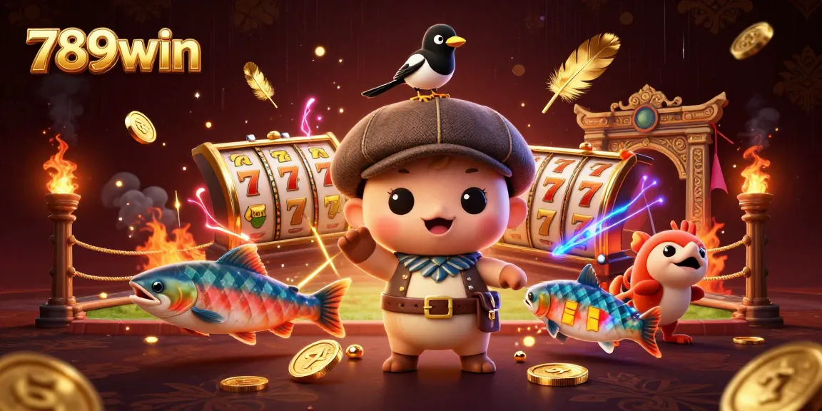Join the excitement at 789win with cartoon characters immersed in a vibrant casino scene, exploring slots.