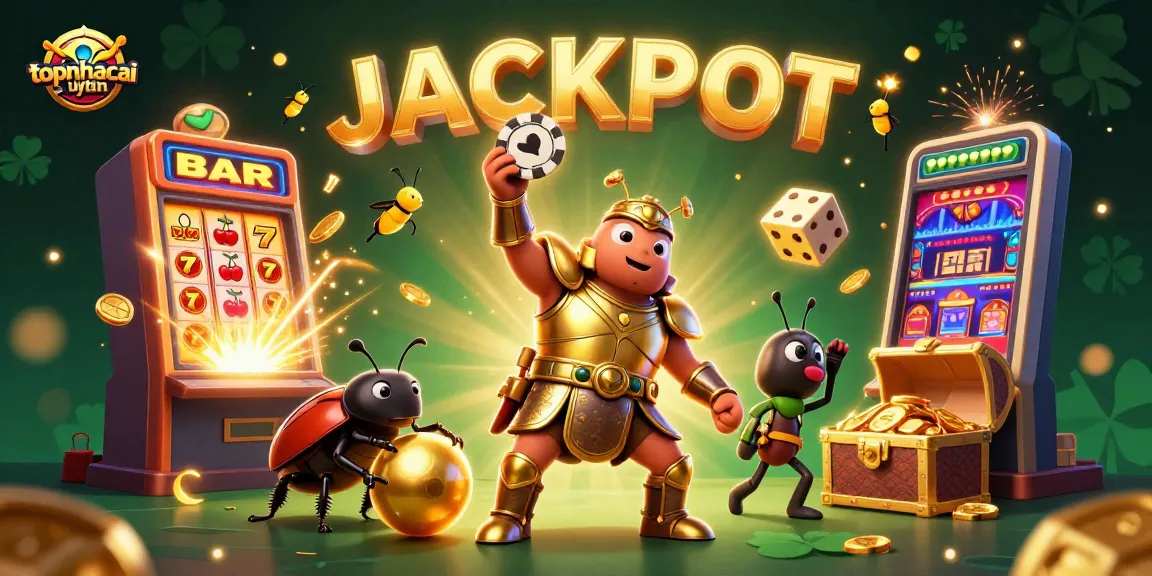 topnhacaiuytin features a victorious beetle lifting a poker chip in a dynamic casino scene filled with coins.