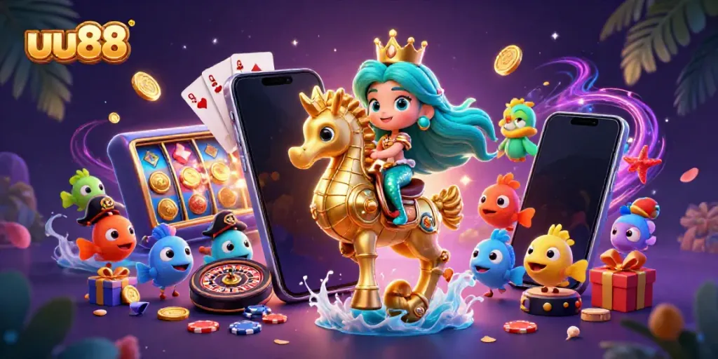 uu88 presents a vibrant gambling scene with a colorful mermaid princess in an enchanting underwater world.