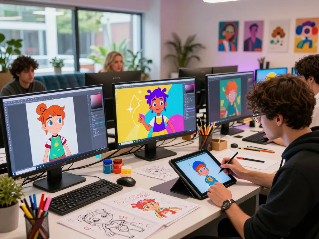 Engaging art studio scene creating characters using crush on ai technology with vibrant designs and tools