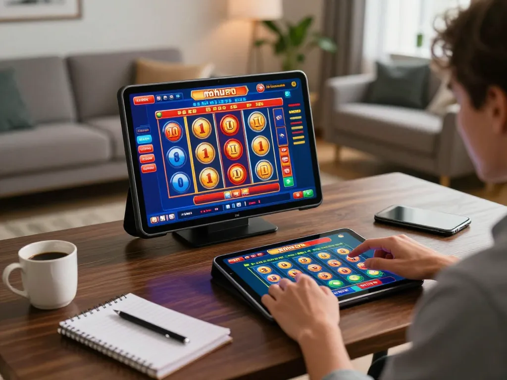 Nohu90 player enjoying immersive slot gameplay on a tablet, showcasing an engaging home gaming atmosphere.