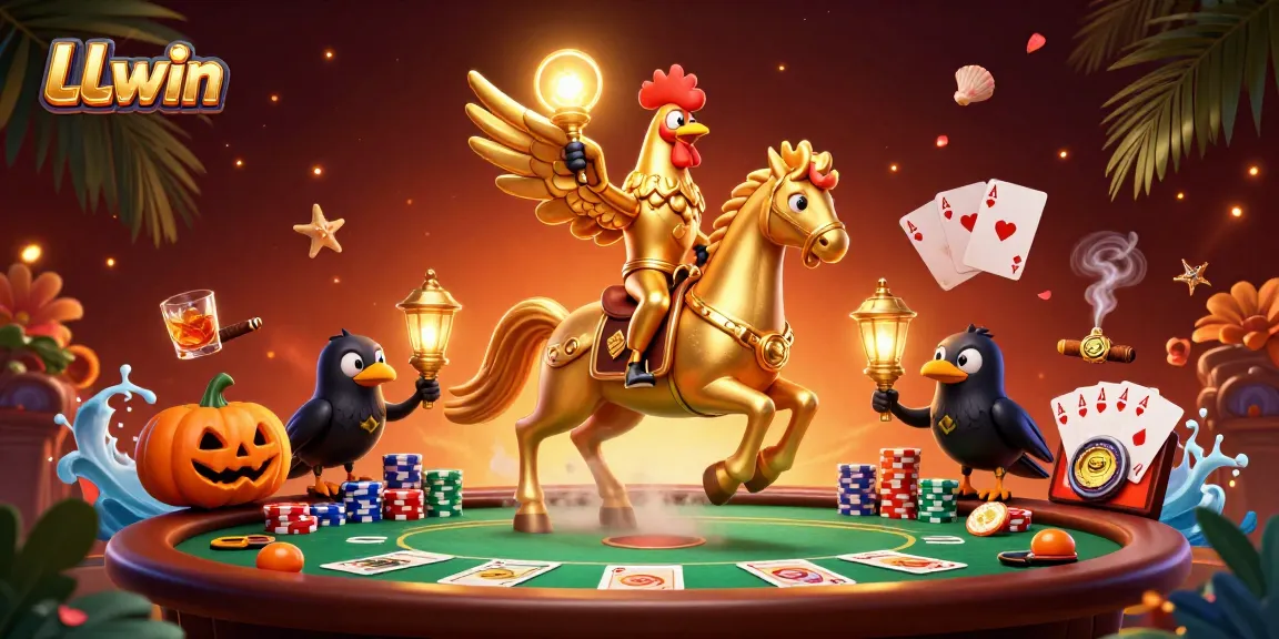 LLwin offers a lively casino scene featuring a golden rooster with a glowing head and poker elements in action.
