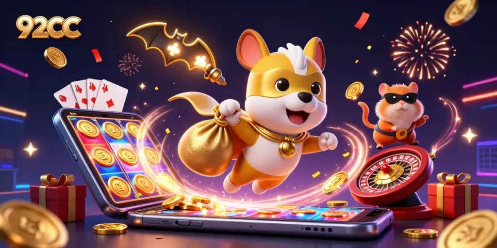 Win big with 92CC in an exciting casino adventure featuring vibrant characters and games.