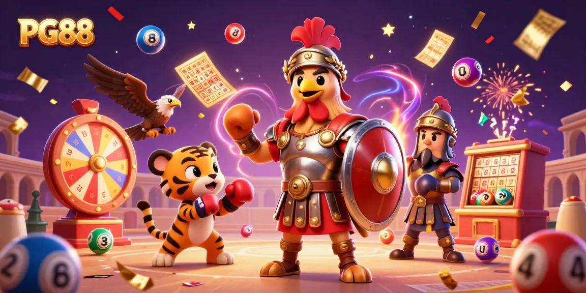 Engage with PG88 in an electrifying casino experience featuring a cartoon rooster gladiator, vibrant lottery elements, and dynamic golden visuals.