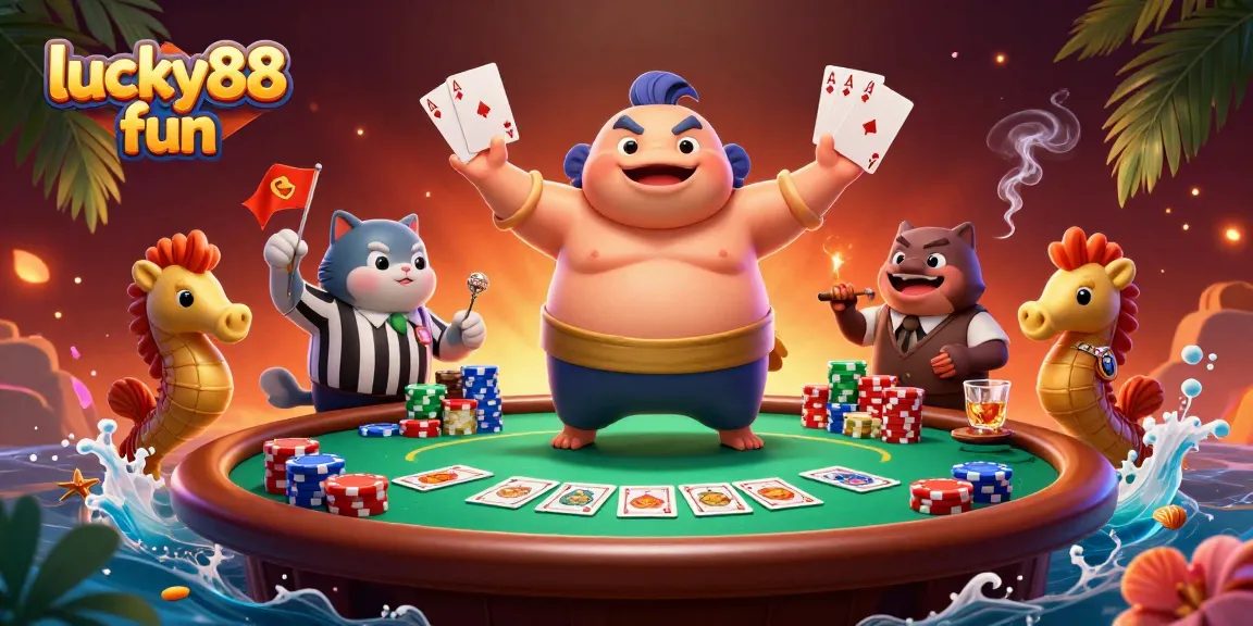 Experience the excitement of lucky88 fun with a vibrant scene of cartoon characters at an underwater poker game.