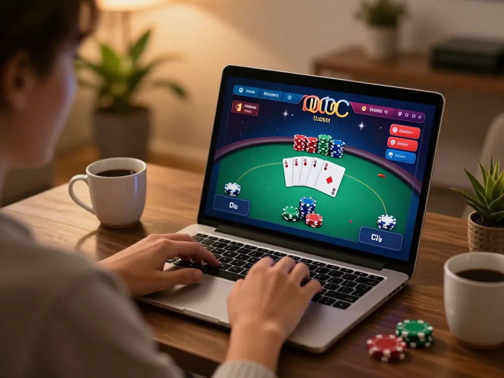 Playing poker online at https://ck444s.net/ in a cozy home setting with warm lighting and strategy notes.